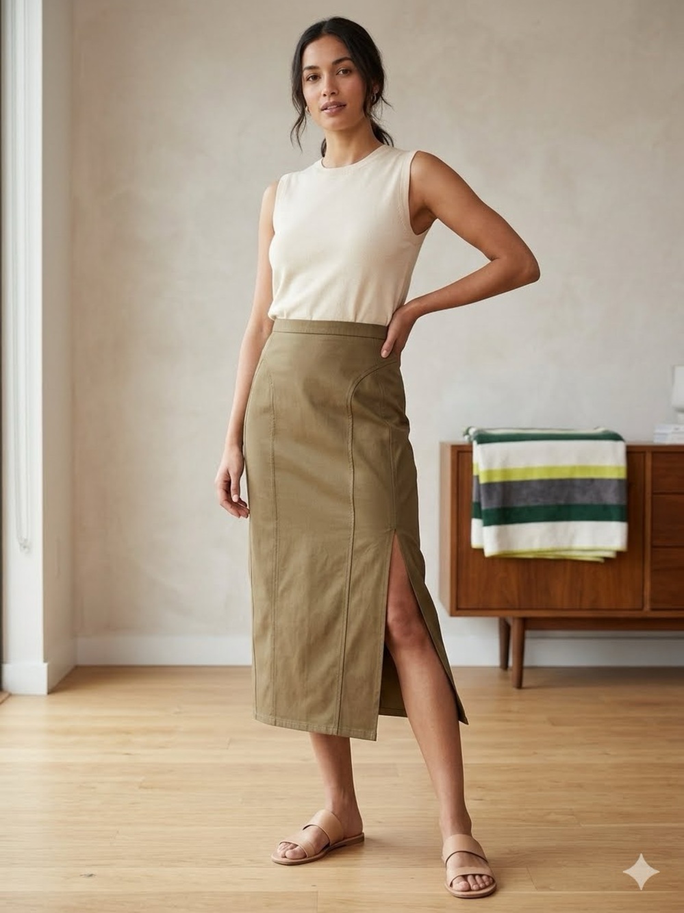Women’s Tan Pencil Skirt with Side Slit